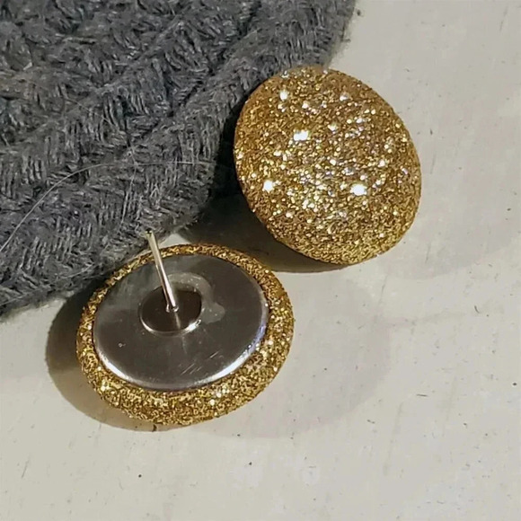 Gold Fabric Button Earrings Retro 80s Club Glam Disco Sparkly - Picture 3 of 9